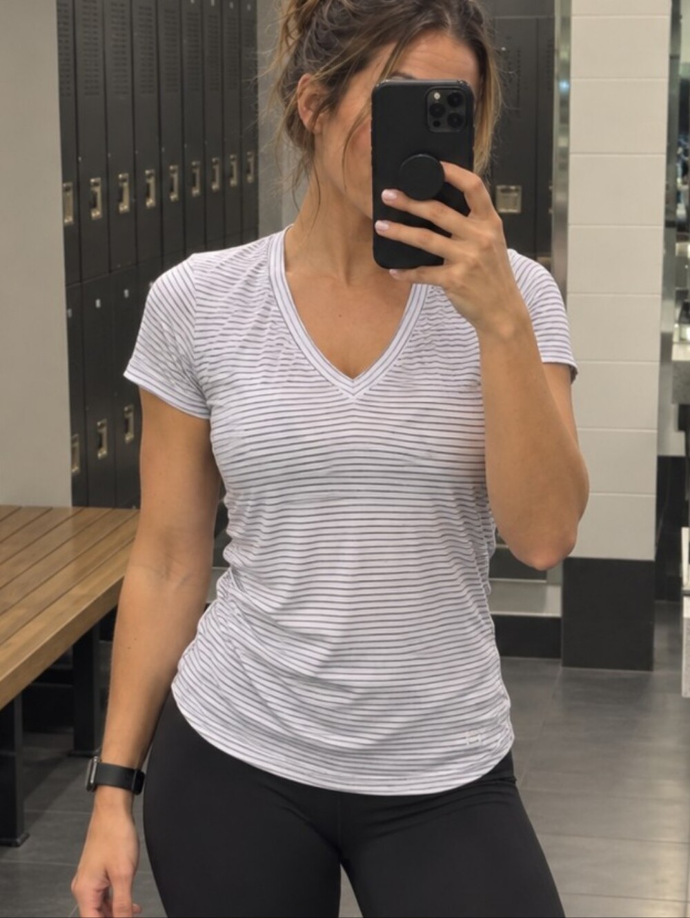 Ideology Women’s Short Sleeve V-Neck Stripe Tee - White & Light Gray